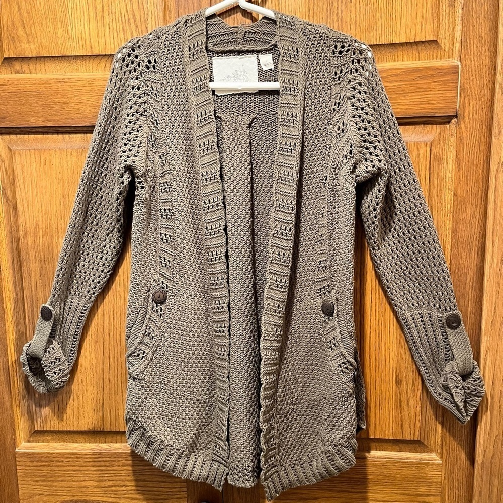Angel Of The North Mossy Green Loose Knit Cotton Blend Cardigan - size XS